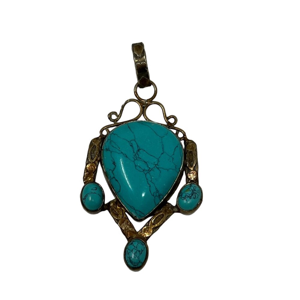 Brass Tone Turquoise Pendant Handmade Southwestern Style‎